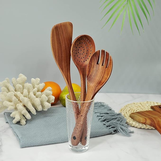 GreyWooden Kitchen Utensil Set, 6Pcs Wooden Cooking Utensils for Non-Stick Pan, 100% Natural Teak Wooden Spatula-Ruum Studio Home