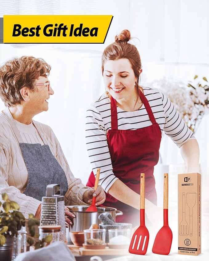 Pack of 2 Silicone Cooking Spatula, Heat Resistant Solid Turner, Non Stick Slotted Spatulas with Wooden Handle,Ideal Wood Kitchen Utensils Set for Frying, Baking, Flipping, Turning (RED)-Ruum Studio Home