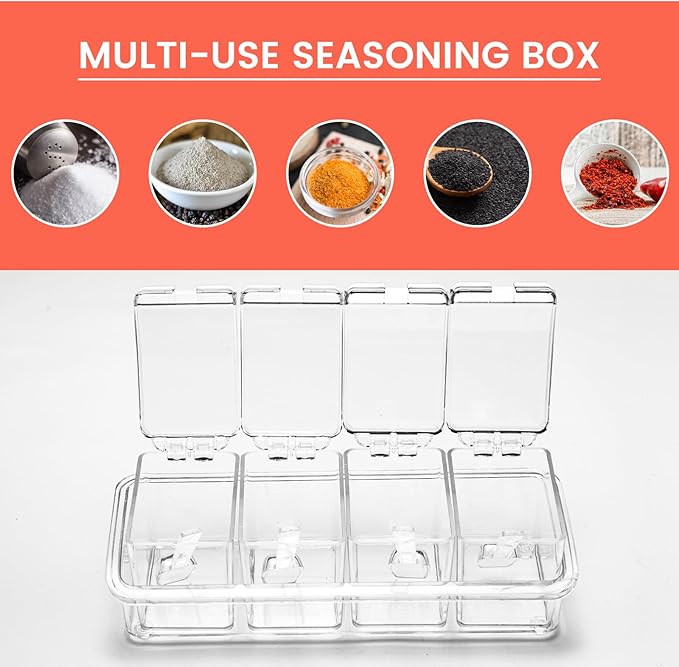 Clear Seasoning Box, 4 Piece Seasoning Rack Spice Pots, Plastic Storage Container Condiment Jars with Lids and Spoon, Storage Container Spice Jar for Salt Sugar Tea Herbal Coffee Beans-Ruum Studio Home