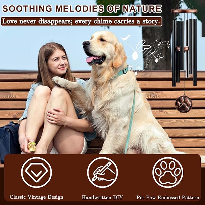 Dog Memorial Gifts, 34" Pet Memorial Wind Chimes for Loss of Dogs, Pet Loss Passing Away Remembrance Sympathy Bereavement Gift, DogPaw Vintage Wind Chime for Outside (DIY 34" Pet Memorial)-Ruum Studio Home
