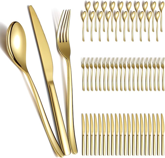 Berglander Gold Wedding Silverware Set 60pcs Service for 20, Titanium Plating Stainless Steel Flatware Set, Gold Spoons Forks Knives Set for Home, Wedding, Restaurant, Dishwasher Safe-Ruum Studio Home
