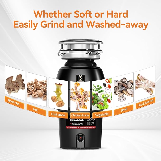 3/4 HP Garbage Disposal, TECASA Food Garbage Disposal with Power Cord, Stainless Steel Grinding System and 3-Bolt Mounting, Continuous Feed Garbage Disposals, Quiet, Taskmaid Series 75-Ruum Studio Home