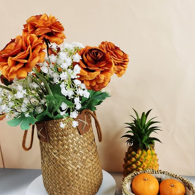 Artificial Flowers Ranunculus Long Stem Buttercup Silk Flowers 6 pcs for Home Decor and Wedding Decorations(Burnt Orange)-Ruum Studio Home