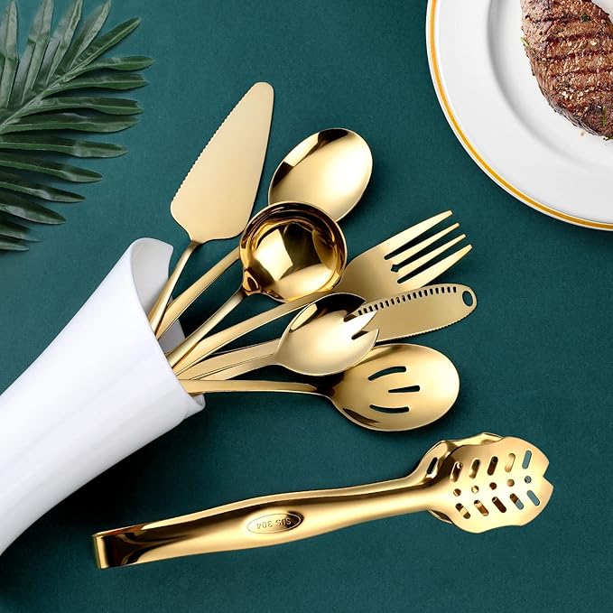 Gold Serving Utensils, OGORI 8-Piece Polished Stainless Steel Flatware Silverware Set Include Serving Spoon, Slotted Spoon, Cake Server, Soup Ladle, Fork, Salad Fork, Butter Knife, Serving Tong-Ruum Studio Home