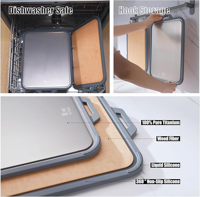 GUANCI Pure Titanium Cutting Board, Double Sided Cutting Board for Kitchen, Pure Titanium/Wood Fiber Composite with Juice Groove Dishwasher Safe 16"L x 11"W-Ruum Studio Home