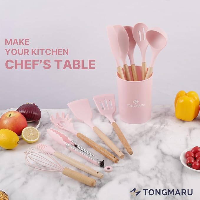 Silicone Cooking Utensils Set, Premium Beech Wood Handle Kitchen Gadgets Utensil Set, Non-Stick Kitchen Utensils Spatula, Tongs, Turner, Whisk, Brush, Spoon, BPA FREE, 446°F Resistant (Pink)-Ruum Studio Home