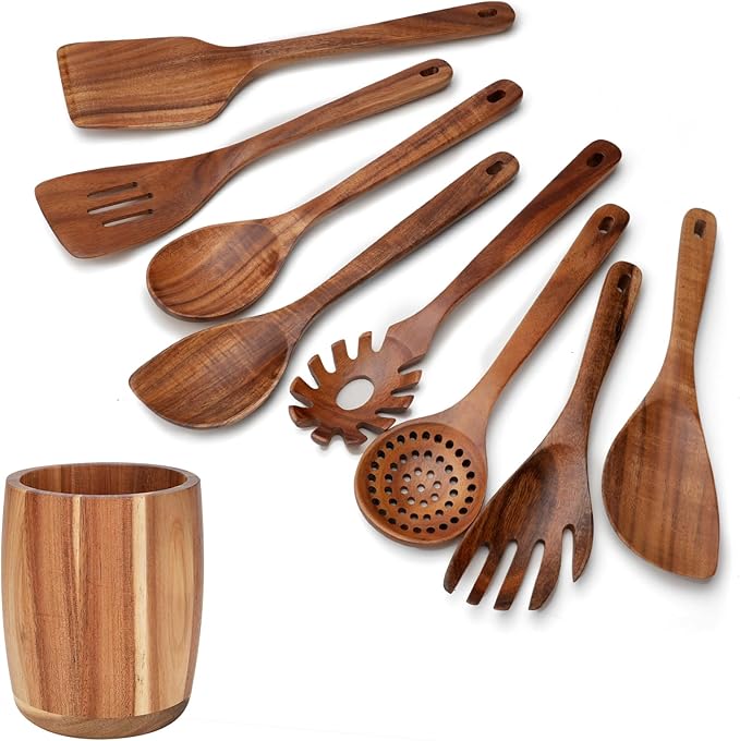 9 PCS Kitchen Utensils Set - Wooden Spoons for Cooking, Natural Teak Wooden Utensils - Includes Wooden Spoons, Spatula Set, Slotted Spoon - Handmade Wooden Spoon Set-Ruum Studio Home