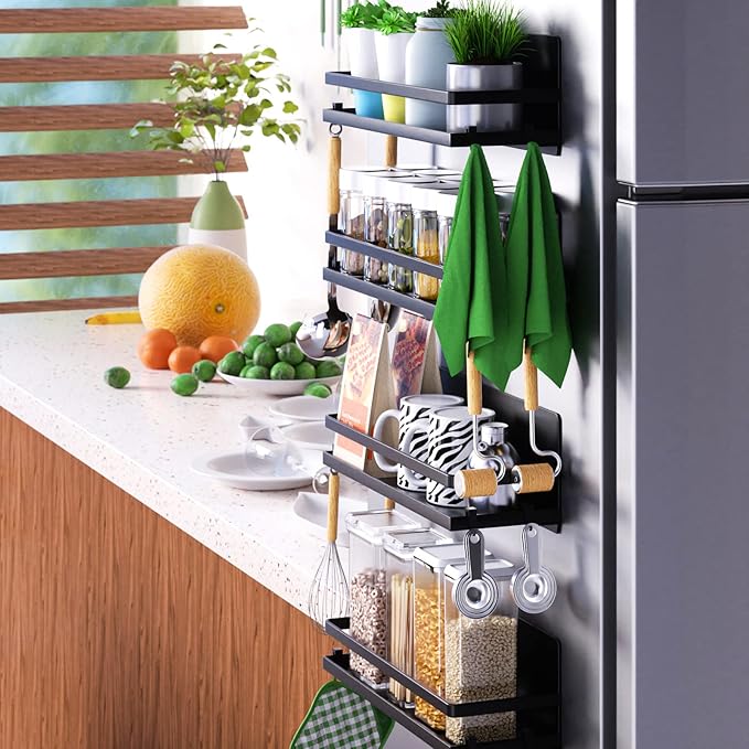 Magnetic Spice Rack for Refrigerator,Magnetic Shelf Fridge Organizer for Kitchen, Spice Rack Space Saver Container for Kitchen/Apartment, Drill Free, Black 6 Pack-Ruum Studio Home
