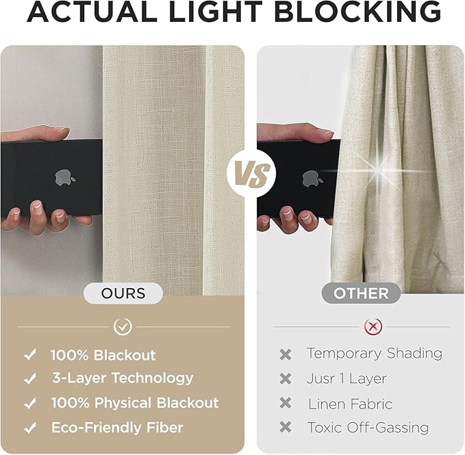 Joydeco 100% Blackout Pleated Curtains, Linen Window Curtains 2 Panel Sets 108 inches Long, Thermal Insulated Darkening Drapes for Bedroom(Bleached Sand,40'' Wx108'' L)-Ruum Studio Home