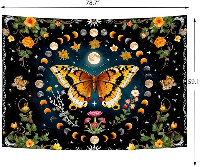 Delur Butterfly Moon Flower Tapestry Botanical Floral Plant Boho Tapestry Wall Hanging Mandala Aesthetic Mushroom Retro Vintage Headboard for Bedroom Living Room Home Decor (59.1" x 78.7")-Ruum Studio Home