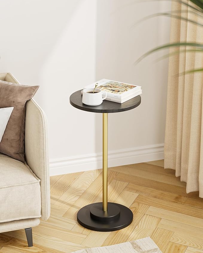 Masupu Drink Table, Round Side Table for Small Spaces, Pedestal Side Table, Small End Table with Metal Base, for Living Room, Bedroom, Bathroom, Black Gold-Ruum Studio Home