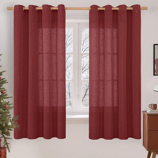 LAMIT Sheer Linen Curtains 63 Inch Length for Bedroom, Light Filtering Christmas Decor Panels Bronze Grommet Linen Textured Drapes for Living Room/Farmhouse, 2 Panels Set, 52 x 63 Inch, Burgundy Red-Ruum Studio Home