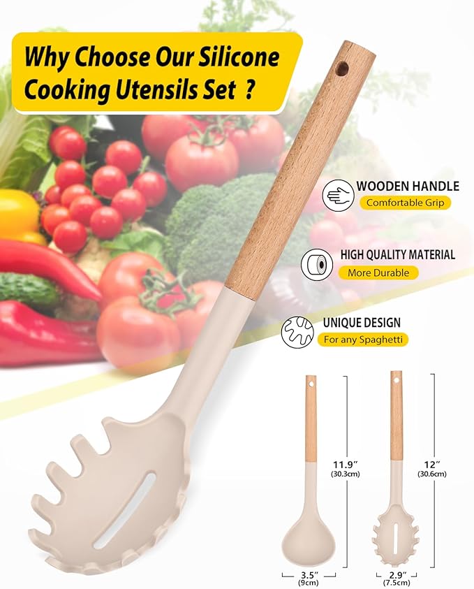 Silicone Pasta Fork and Ladle Spoon Set with Wooden Handle, Heat Resistant Non Stick Kitchen Utensils for Cooking, Stirring, Serving Spaghetti, Soup, Sauce(KHAKI)-Ruum Studio Home
