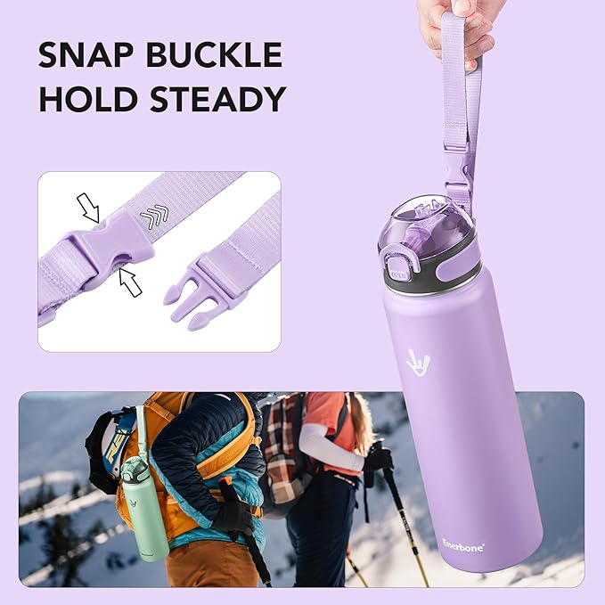 Enerbone 32 oz Insulated Water Bottle, Stainless Steel Bottle with Carrying Strap, Double-Wall Vacuum Insulation Design, Leakproof Sports Bottle with Straw, Keep Drinks Cold or Hot for Hours-Ruum Studio Home