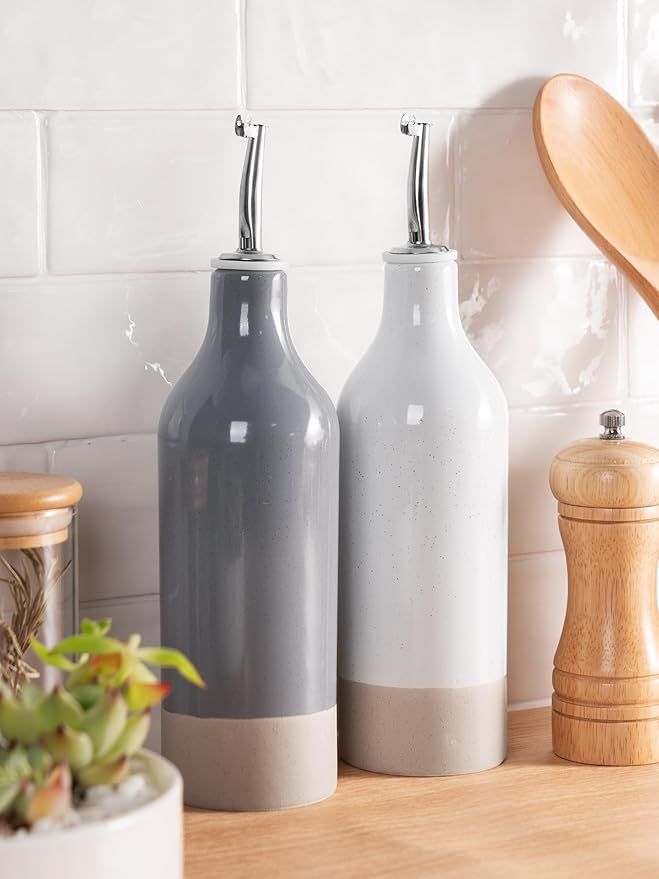 famiware Milkyway 16oz Ceramic Olive Oil Dispenser Bottle, Olive Oil and Vinegar Dispenser Bottle Set of 2 with Stainless Steel Pourers, Suitable for Storage Vinegar, Liquids, Light Gray and Dark Gray-Ruum Studio Home