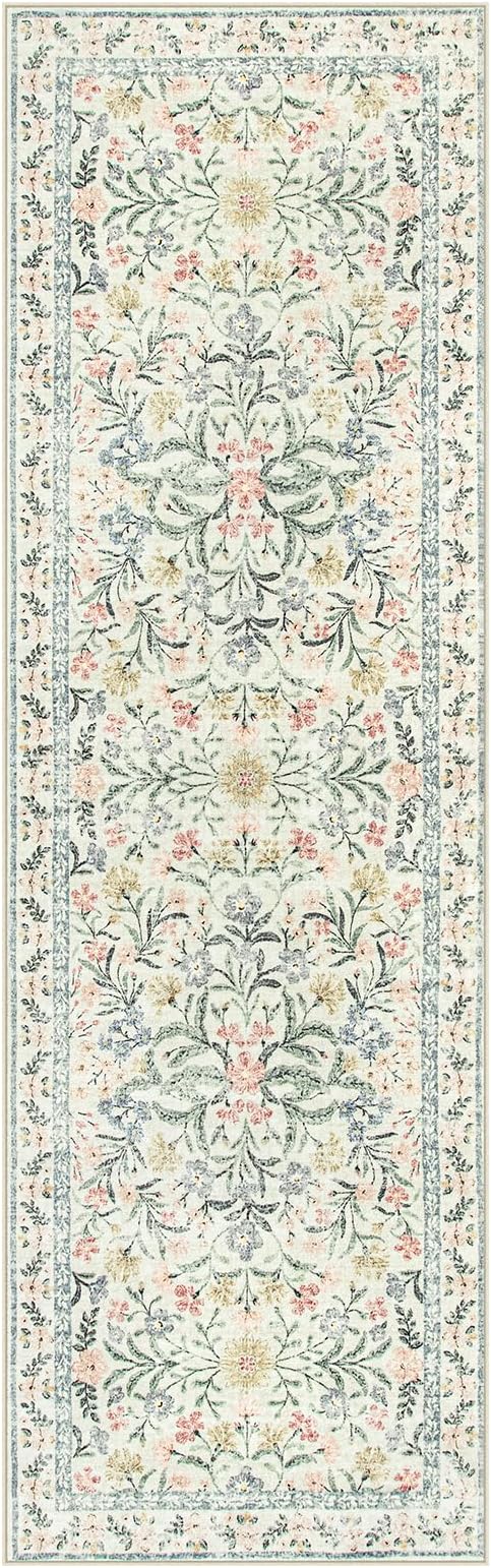 Wonnitar Washable Rug Runner 2'6''x8', Boho Floral Hallway Runner Rug 8ft Long Carpet for Bedroom, Soft Non Slip Ultra-Thin Beige Carpets for Bathroom Kitchen Bedside-Ruum Studio Home