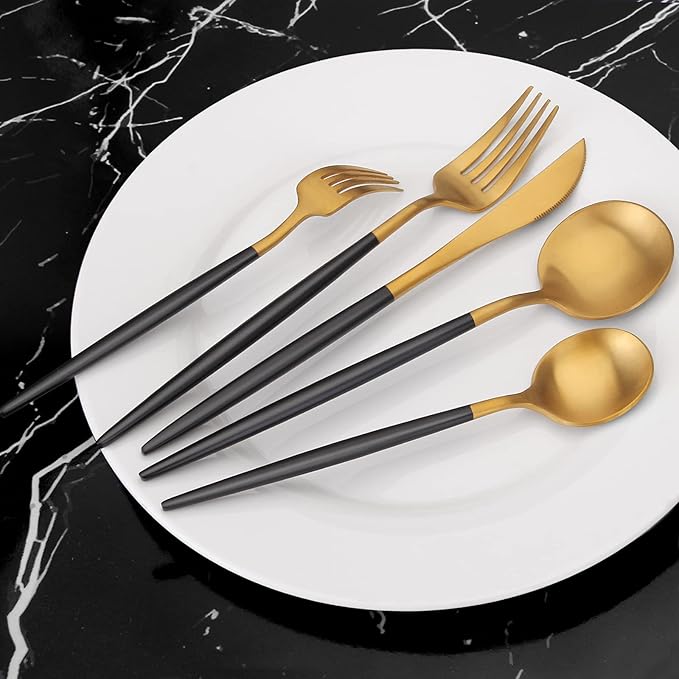 Matte Gold Silverware Set with black handle, Vanys 20 Piece Stainless Steel Cutlery Flatware Set, Kitchen Utensil Sets for 4, Tableware With Knife Spoons And Forks Set, Satin Finished Polished-Ruum Studio Home