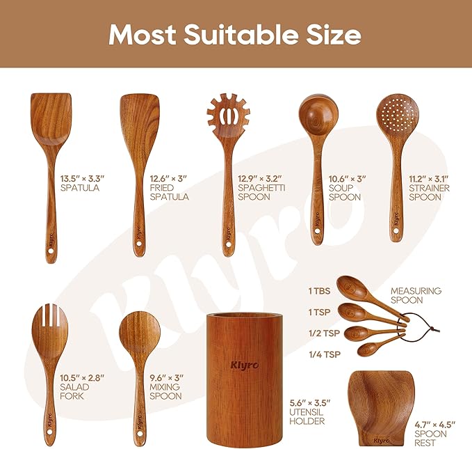 Wooden Spoons for Cooking, Nonstick Kitchen Utensils Set with 4 Piece Measuring Spoons, Comfort Grip Wooden Spatula Set, 9 Piece Teak Wooden Cooking Utensils with Holder and Spoon Rest-Ruum Studio Home