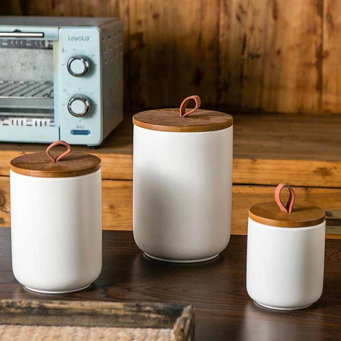 JOJUNO White Ceramic Canister Set with Wooden Lid, 3-Piece Airtight Food Storage Jars for Kitchen Counter - Flour, Sugar, Coffee, Tea, Spice - Small, Medium, Large Sizes-Ruum Studio Home