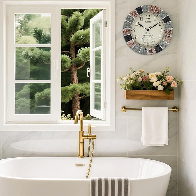 eYotto 10 Inch Small Indoor/Outdoor Waterproof Wall Clock with Thermometer Silent Non-Ticking Battery Operated Wall Clocks Weatherproof for Patio, Pool, Garden, Lanai, Fence, Porch, Deck, Bathroom-Ruum Studio Home