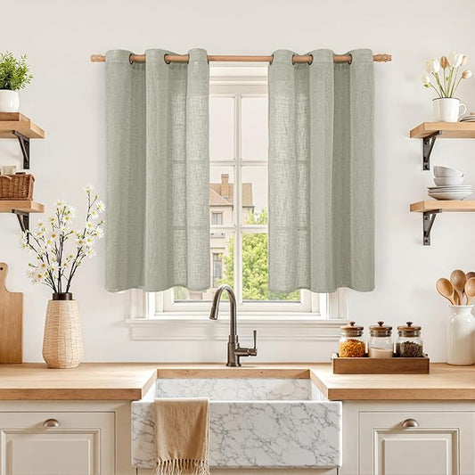 LAMIT Short Linen Curtains 40 Inch Length, Sage Grey Small Window Semi Sheer Drapes Light Filtering Bronze Grommet Neutral Panels for Cafe/Basement, 2 Panels Set, 34 x 40 Inch-Ruum Studio Home