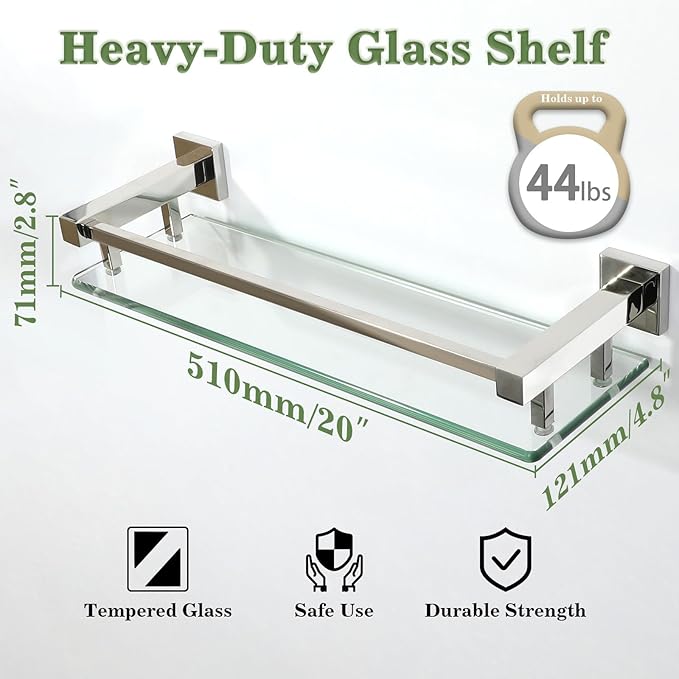 Alise Bathroom Shelves, Polished Chrome Glass Shelf for Bathroom, Modern Floating Shelves, 20 inch-Ruum Studio Home