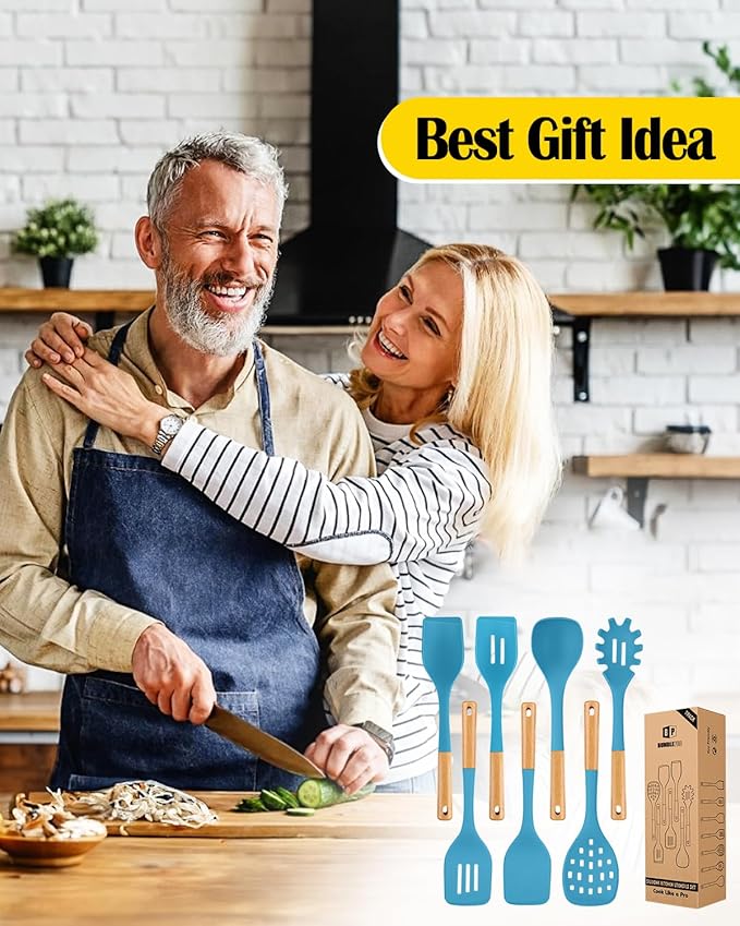 Silicone Kitchen Utensil Set for Non Stick Cookware, 7 Pcs Heat Resistant Cooking Utensils with Wooden Handle, BPA Free Kitchen Tools with Spatulas, Spoons, Skimmer and Pasta Fork (BLUE)-Ruum Studio Home