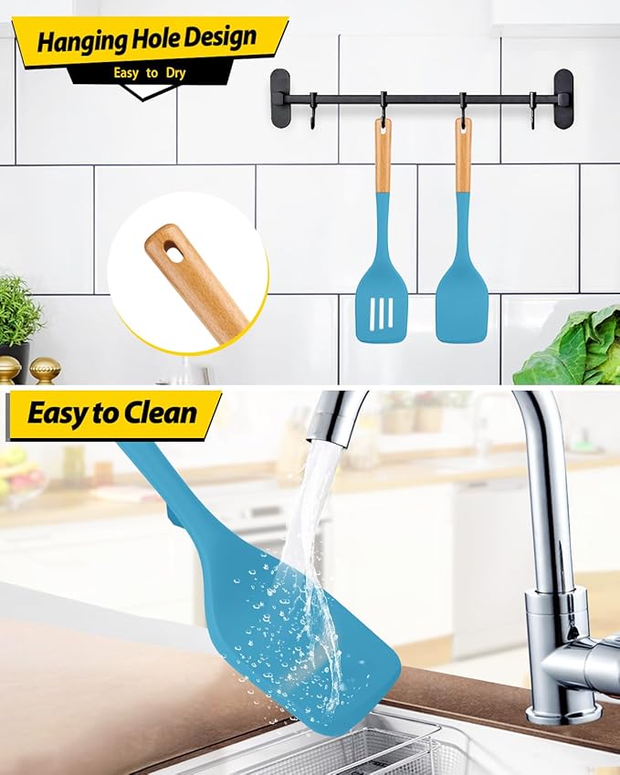 Pack of 2 Large Silicone Spatula, Heat Resistant Solid Turner, Non Stick Slotted Spatulas with Wooden Handle, Ideal Kitchen Utensils for Flipping, Pancakes, Eggs, Fish(BLUE)-Ruum Studio Home