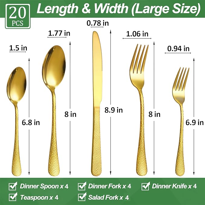 20 Pcs Gold Silverware Set for 4 with Hammered Design, Food Grade Stainless Steel Flatware Set, Eating Utensils Sets Include Fork/Knife/Spoon, Cutlery Set, Dishwasher Safe-Ruum Studio Home
