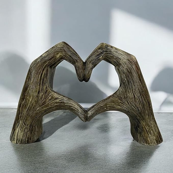 Top Brass Large Rustic Heart Hands Sculpture, 9 3/4” Resin Love Statue – Romantic Decor Accent for Shelf or Mantel – Perfect for Wedding, Valentine's Day or Anniversary (Rustic Wood Grain)-Ruum Studio Home