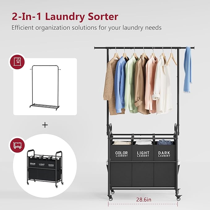 Tajsoon Laundry Sorter Cart with Hanging Rack, Laundry Sorter 3 Section, Laundry Hamper with Heavy Duty Rolling Lockable Wheels, Black-Ruum Studio Home
