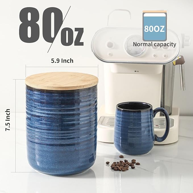Hasense Ceramic Canister with Airtight Lid for Kitchen Counter, 80 Ounce Large Ceramic Food Storage Jar with Seal Ring for Serving Flour, Grain, Cereal, Pasta, Coffee, Sugar, Tea and Spice, Blue-Ruum Studio Home