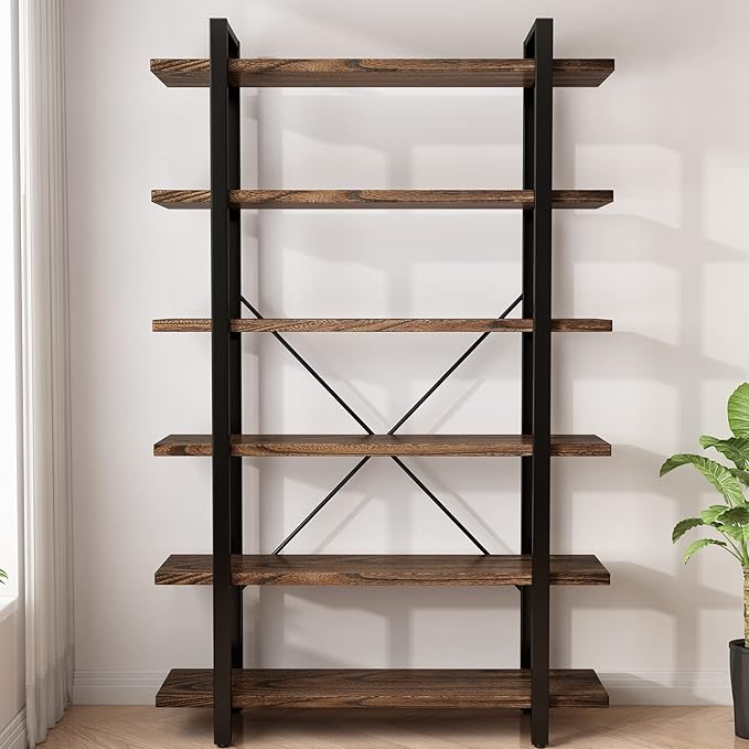 Solid Wood Bookcase and Book Shelves Wood and Metal Shelving Unit 6 Tier Bookshelf Modern Rustic Open Bookshelf Office,Distressed Brown (AY-02-6Tier)-Ruum Studio Home