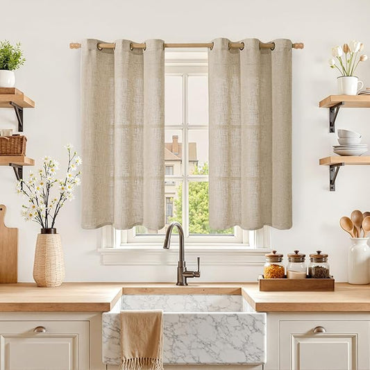 LAMIT Kitchen Linen Curtains 40 Inch Length, Soft Thick Light Filtering Bronze Grommet Window Textured Neutral Sheer Drapes for Cafe/Window/Loft Room, 2 Panels, 34 x 40 Inch, Brown-Ruum Studio Home