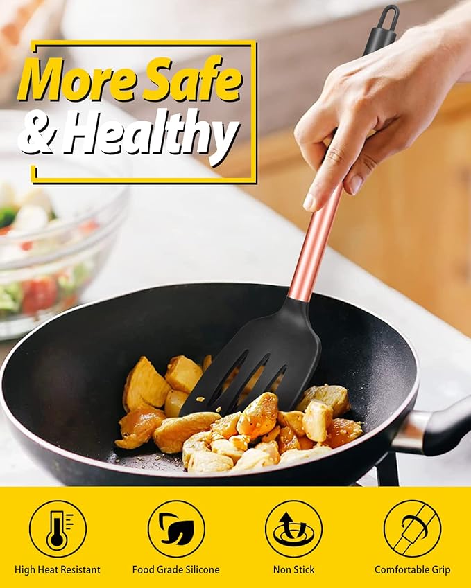 Pack of 2 Silicone Solid Turner, Non Stick Slotted Kitchen Spatulas, High Heat Resistant BPA Free Cooking Utensils, Ideal Cookware for Fish, Eggs, Pancakes(Rose Gold Black)-Ruum Studio Home