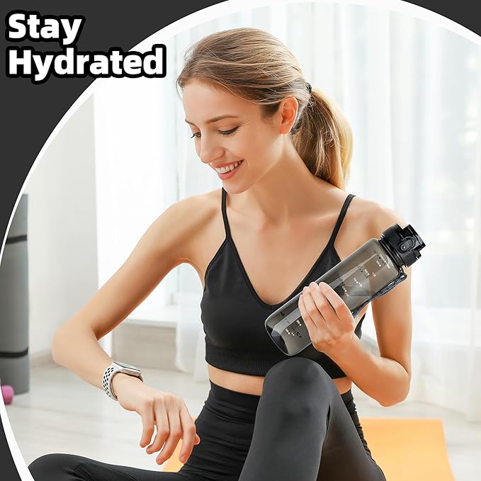 OLDLEY 32 oz Water Bottle, Motivational Water Bottle with Time Marker, Sports Water Bottle With Strap, Leakproof & BPA Free Large Water Bottles for School, Gym, Travel,Tritan, Transparent Black-Ruum Studio Home