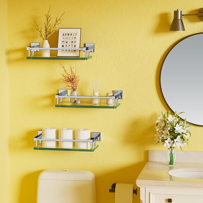 Alise Bathroom Glass Shelf with Stainless Steel Railing, Polished Chrome Small Tempered Glass Floating Wall Shelf Over The Toilet, 16 inch-Ruum Studio Home