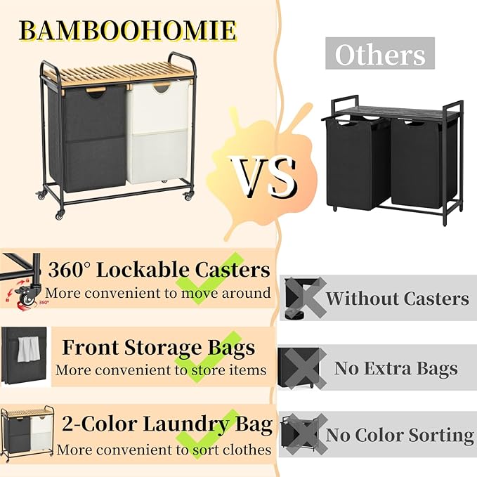 Laundry Hampers 2 Section, Laundry Sorter with Removable Shelf and Pull-Out Bags, Clothes Hampers with Wheels Rolling Cart Basket for Laundry Room Bathroom, 2 x 50 L (Black White)-Ruum Studio Home