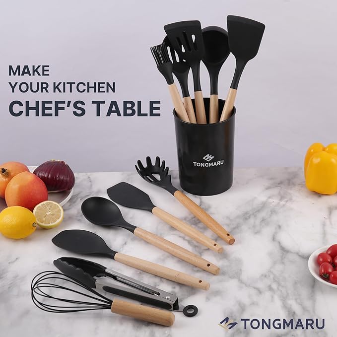 Silicone Cooking Utensils Set, Premium Beech Wood Handle Kitchen Gadgets Utensil Set, Non-Stick Kitchen Utensils Spatula, Tongs, Turner, Whisk, Brush, Spoon, BPA FREE, 446°F Resistant (Black)-Ruum Studio Home