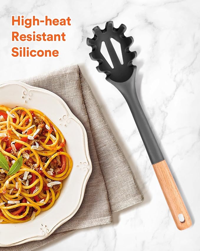 Silicone Pasta Fork, Kitchen Heat Resistant Noodle Spoon Server, BPA Free Spaghetti Strainer,12.8 inch (Grey)-Ruum Studio Home