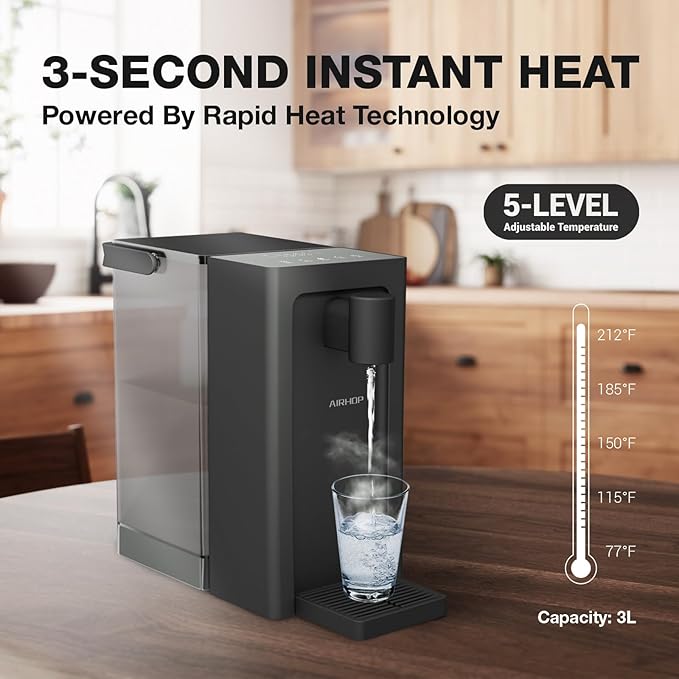 AIRHOP Instant Hot Water Dispenser, Quick Heating Countertop Water Dispenser with Child Locks, Adjustable 5 Temp 3 Water Volume Dispense, 100OZ 3L Removable Tank, Ideal for Home Office Kitchen, Black-Ruum Studio Home