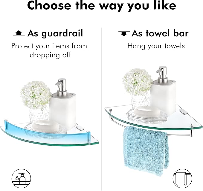 KES Glass Corner Shelf Bathroom Shelf Tempered Glass with Rail SUS 304 Stainless Steel Floating Wall Mount Bracket Polished Finish, BGS2101A-Ruum Studio Home