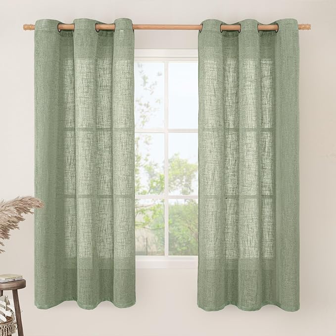 LAMIT Linen Blended Curtains 63 Inches Long, Soft Thick Linen Textured Light Filtering Drapes Bronze Gromment Small Window Drapes for Bedroom/Kitchen/Basement, 2 Panels, 34 x 63 Inch, Sage Green-Ruum Studio Home