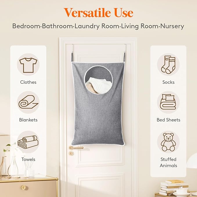 Lifewit Over Door Laundry Hamper, Large Collapsible Hanging Laundry Hamper, Hanging Laundry Basket Bag for Bathroom Bedroom Dirty Clothes Storage Organizer, Light Gray-Ruum Studio Home