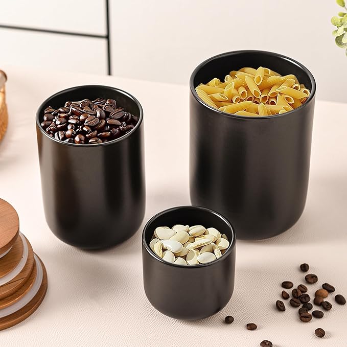 Black Ceramic Canister Set with Bamboo Lids, 3-Piece Airtight Food Storage Jars for Kitchen - Flour, Sugar, Coffee, Tea, Spice - Small, Medium, Large Sizes-Ruum Studio Home