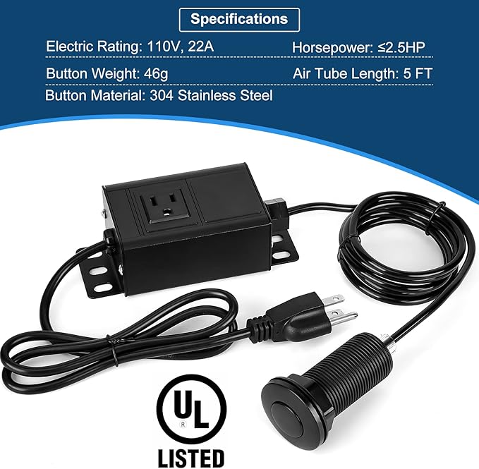 Air Switch Kit for Garbage Disposal, UL Listed Sink Top Air Switch for Food Waste Disposal, 3.58” Extra Long Air Button (Black Stainless Steel)-Ruum Studio Home