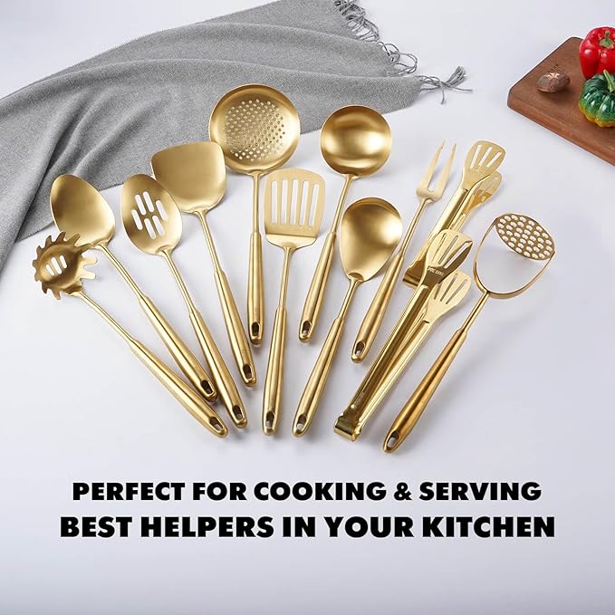 Gold Kitchen Utensils Set, 12 PCS Brass Matte Serving Utensils, 18/10 Stainless Steel All Metal Cooking Tools - Potato Masher, Tongs, Meat Fork, Spatula, Turner, Ladle, Skimmer, Spaghetti Spoon Set-Ruum Studio Home