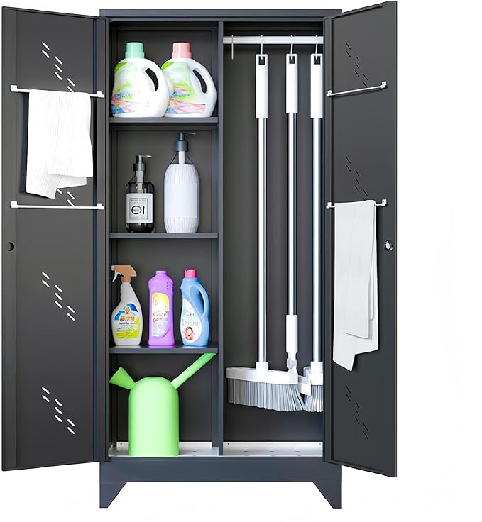 71" Broom Closet Cabinet with Hanging Rod, Tall Black Metal Storage Cabinet for Bathroom, Utility Room, and Garage-Ruum Studio Home