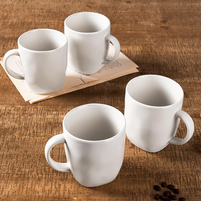 famiware Coffee Mugs Set of 4, Ocean Square 13oz Coffee Cup Set with Handle for Cocoa, Milk, Hot Chocolate, Tea, Water, Stoneware Cups for Kitchen, Microwave and Dishwasher Safe, Matte White-Ruum Studio Home