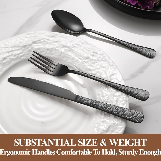 40 Pcs Black Silverware Set for 8 with Hammered Design, Food Grade Stainless Steel Flatware Set, Eating Utensils Sets Include Fork/Knife/Spoon, Cutlery Set, Dishwasher Safe-Ruum Studio Home